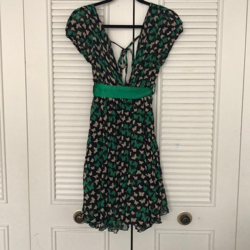 Green cream and black vintage butterfly dress